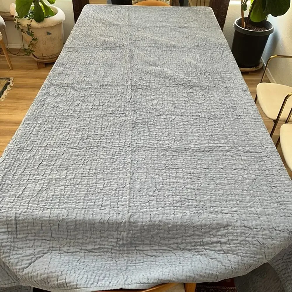Yves Delorme Blue Crinkle Textured Full Queen Coverlet Cotton Silk
